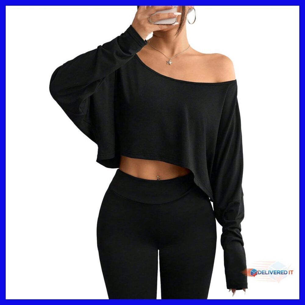 Off Shoulder Long Sleeve Crop Top Boat Neck Loose Fit T-Shirt